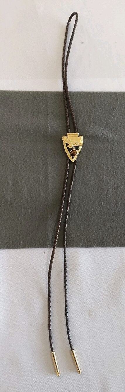 Arrowhead Bolo Tie Gold Tone With Tigers Eye Stone Brown Braided Cord 18" Eagle